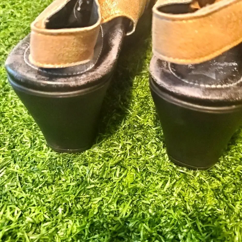 Mephisto Cross Slingback Wedge Golden Sandals Sz 39 EU